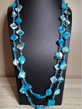 B6500 64" Blue Iridescent abalone Shell & crystal Beaded Necklace Crystal Boho